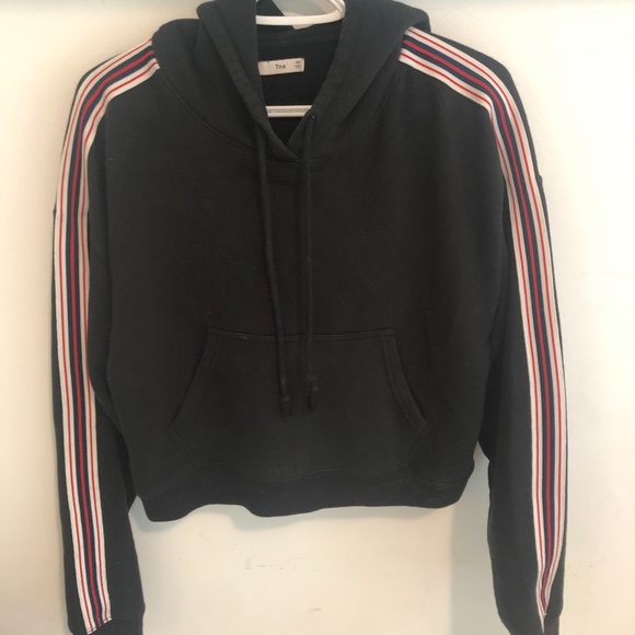 Black Cropped Hoodie with Stripes - Picture 1 of 3